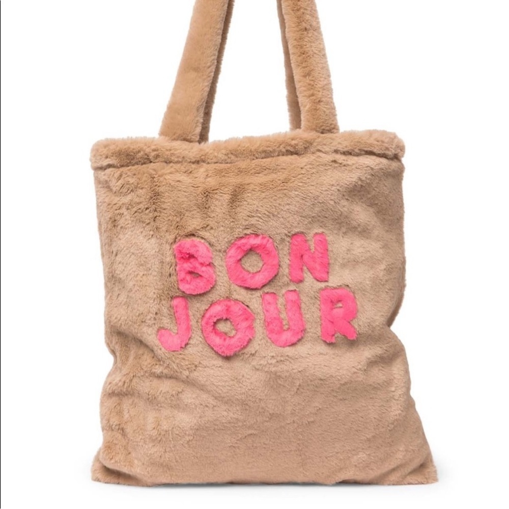 Do Everything in Love Tan and Pink Faux Fur Tote